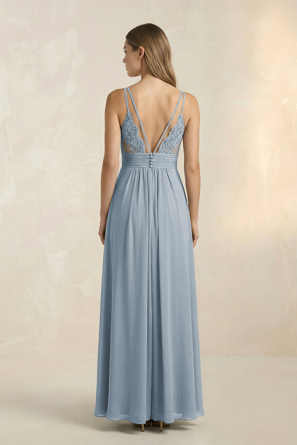 Dusty Blue V-Neck A-Line Pleated Chiffon Bridesmaid Dress (2) | KISSBRIDAL