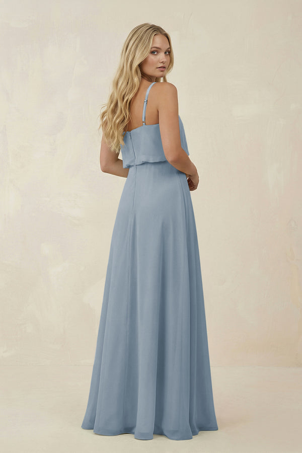 Dusty Blue V-Neck Blouson A-Line Chiffon Bridesmaid Dress (2) | KISSBRIDAL