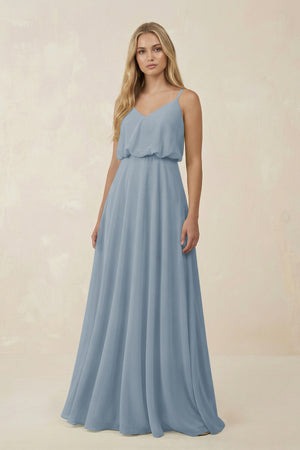 Dusty Blue V-Neck Blouson A-Line Chiffon Bridesmaid Dress | KISSBRIDAL