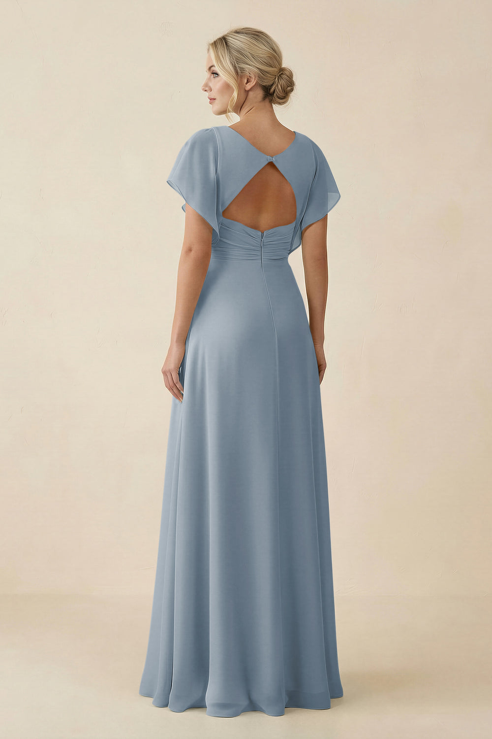 V-Neck Cap Sleeve Chiffon Bridesmaid Dress with Cut-out Back in Dusty Blue