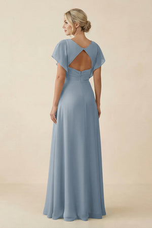 Dusty Blue V-Neck Cap Sleeve Chiffon Bridesmaid Dress with Cut-out Back (2) | KISSBRIDAL