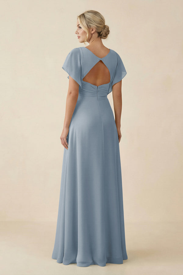 Dusty Blue V-Neck Cap Sleeve Chiffon Bridesmaid Dress with Cut-out Back (2) | KISSBRIDAL