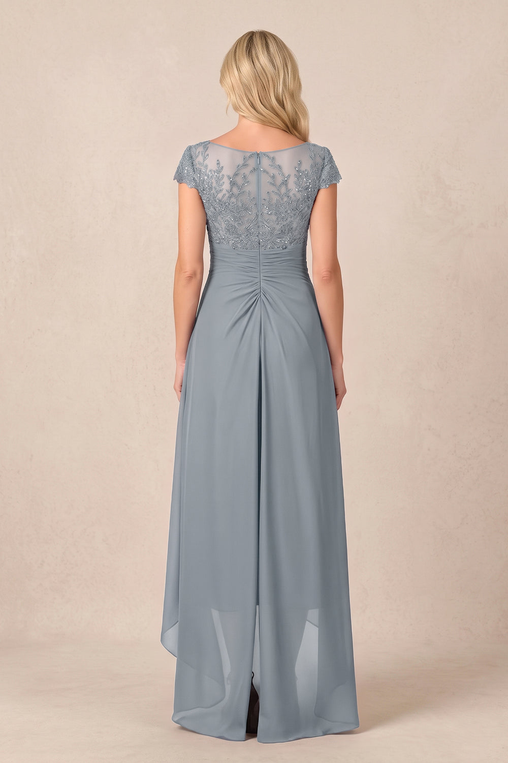 Dusty Blue V-Neck Chiffon A-Line Embroidered Ruched Mother of the Bride Dress
