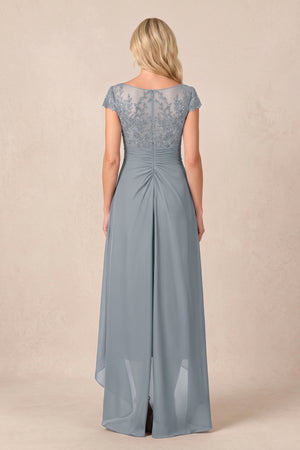 Dusty Blue V-Neck Chiffon A-Line Embroidered Ruched Mother of the Bride Dress (2) | KISSBRIDAL