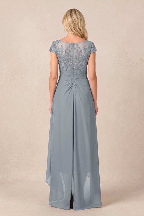 Dusty Blue V-Neck Chiffon A-Line Embroidered Ruched Mother of the Bride Dress (2) | KISSBRIDAL