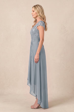 Dusty Blue V-Neck Chiffon A-Line Embroidered Ruched Mother of the Bride Dress (3) | KISSBRIDAL