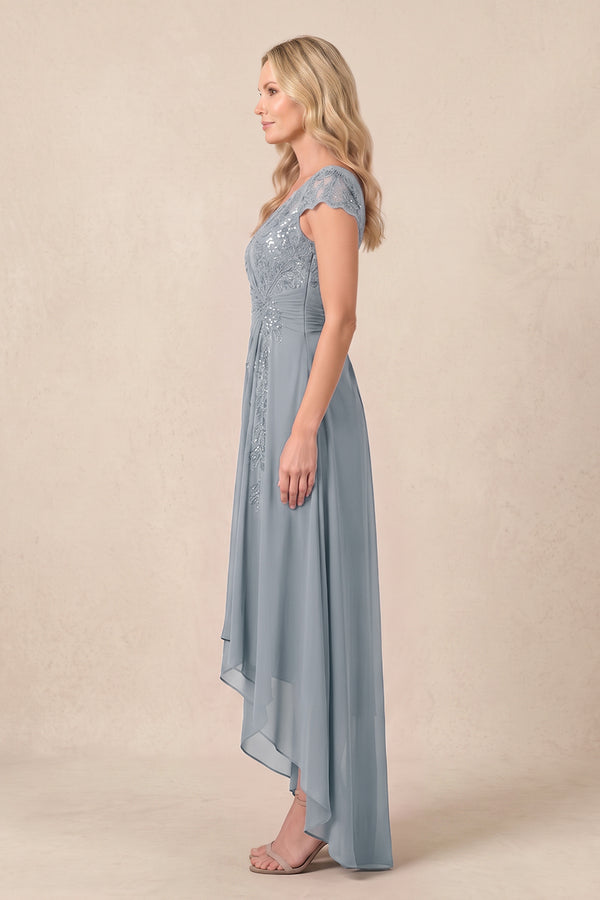 Dusty Blue V-Neck Chiffon A-Line Embroidered Ruched Mother of the Bride Dress (3) | KISSBRIDAL