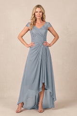 Dusty Blue V-Neck Chiffon A-Line Embroidered Ruched Mother of the Bride Dress | KISSBRIDAL