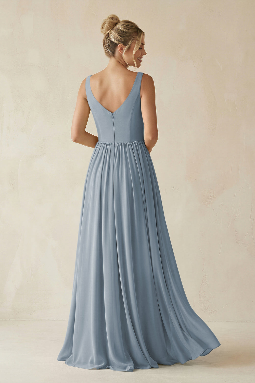 V-Neck Chiffon A-Line Long Bridesmaid Dress in Dusty Blue