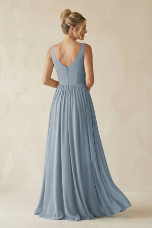 Dusty Blue V-Neck Chiffon A-Line Long Bridesmaid Dress (2) | KISSBRIDAL