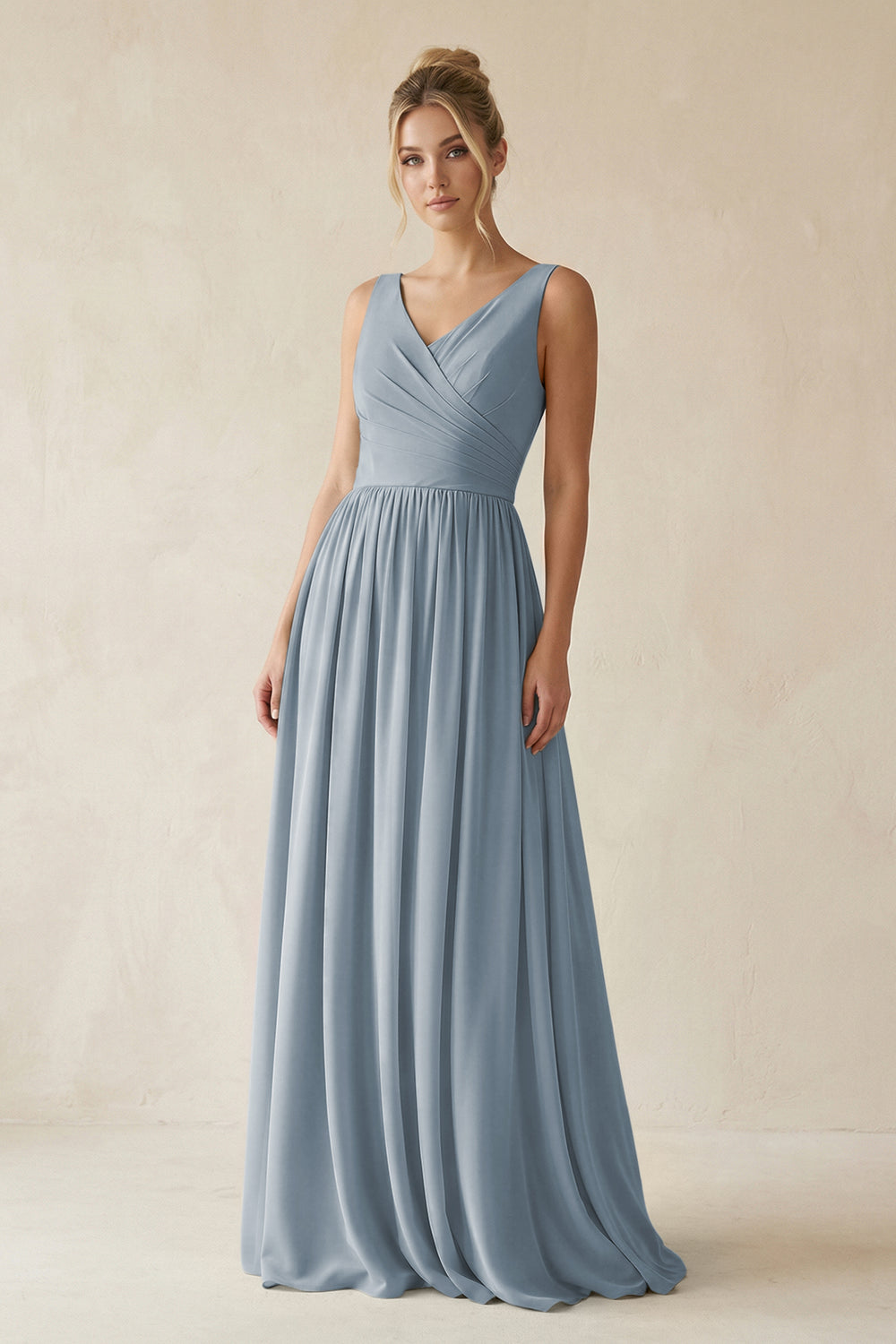V-Neck Chiffon A-Line Long Bridesmaid Dress in Dusty Blue