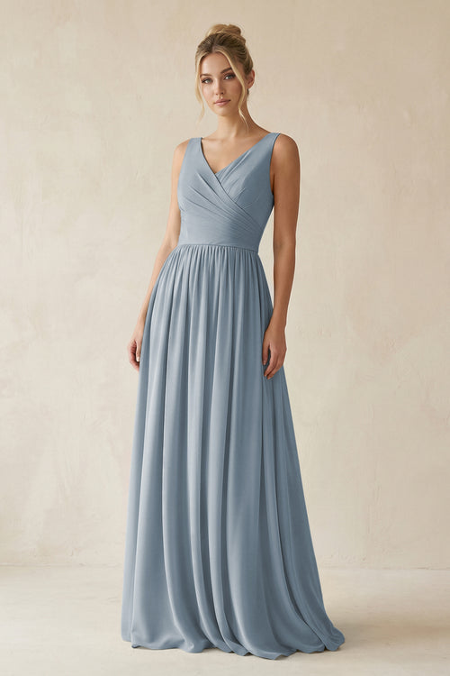 Dusty Blue V-Neck Chiffon A-Line Long Bridesmaid Dress | KISSBRIDAL