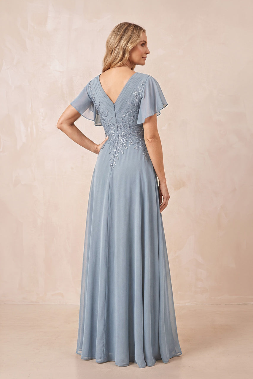 Dusty Blue V-Neck Chiffon Ruffled Sleeves A-Line Mother of the Bride Dress