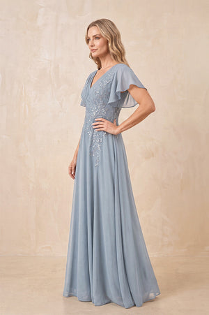 Dusty Blue V-Neck Chiffon Ruffled Sleeves A-Line Mother of the Bride Dress (3) | KISSBRIDAL