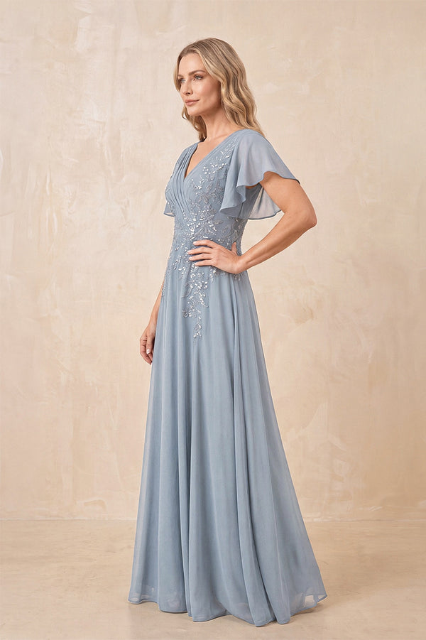 Dusty Blue V-Neck Chiffon Ruffled Sleeves A-Line Mother of the Bride Dress (3) | KISSBRIDAL