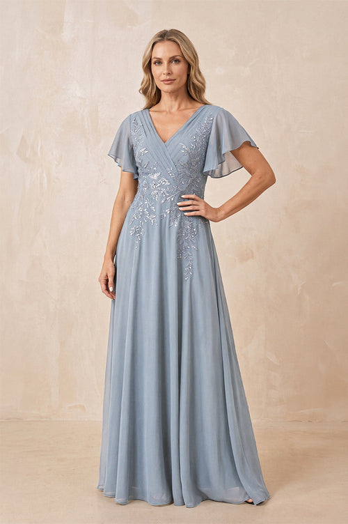 Dusty Blue V-Neck Chiffon Ruffled Sleeves A-Line Mother of the Bride Dress | KISSBRIDAL