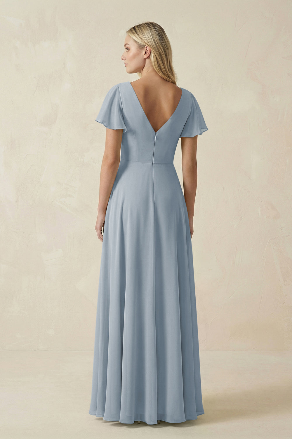 V-Neck Flutter Sleeve A-Line Chiffon Bridesmaid Dress in Dusty Blue
