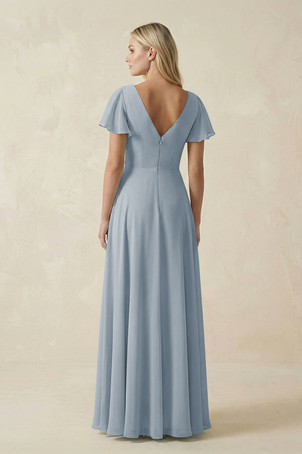 Dusty Blue V-Neck Flutter Sleeve A-Line Chiffon Bridesmaid Dress (2) | KISSBRIDAL