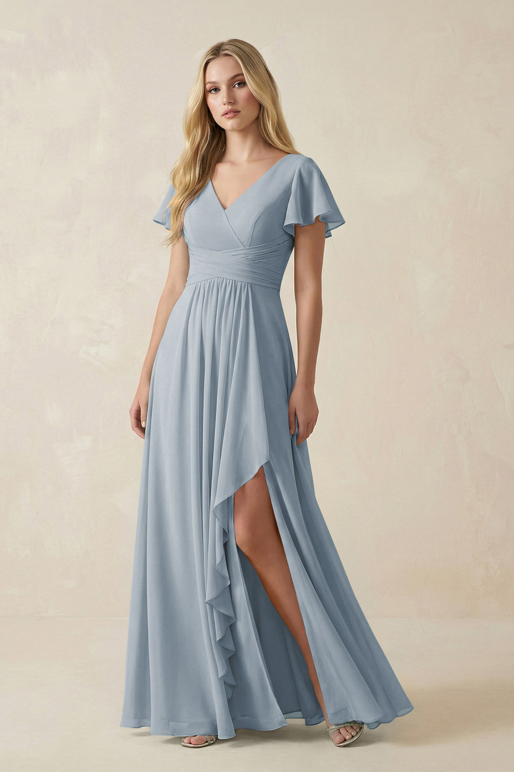 V-Neck Flutter Sleeve A-Line Chiffon Bridesmaid Dress in Dusty Blue