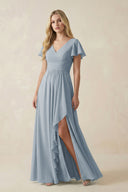 Dusty Blue V-Neck Flutter Sleeve A-Line Chiffon Bridesmaid Dress | KISSBRIDAL