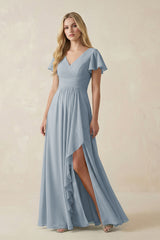 Dusty Blue V-Neck Flutter Sleeve A-Line Chiffon Bridesmaid Dress | KISSBRIDAL