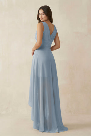 Dusty Blue V-Neck High-Low Chiffon Bridesmaid Dress (2) | KISSBRIDAL