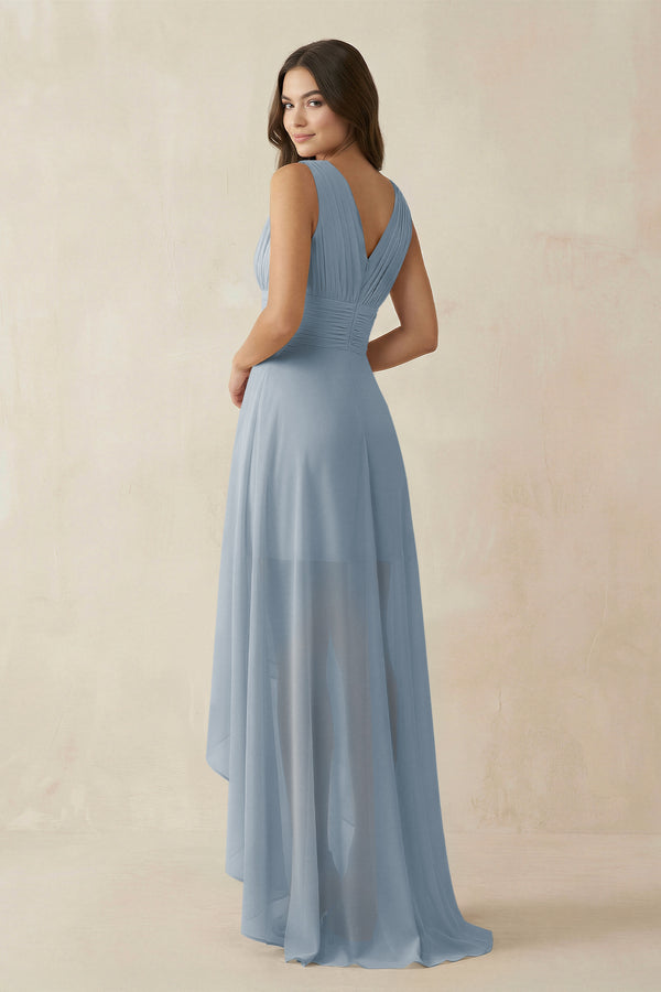 Dusty Blue V-Neck High-Low Chiffon Bridesmaid Dress (2) | KISSBRIDAL