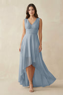Dusty Blue V-Neck High-Low Chiffon Bridesmaid Dress | KISSBRIDAL