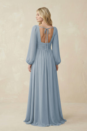 Dusty Blue V-Neck Long Sleeve A-Line Chiffon Bridesmaid Dress (2) | KISSBRIDAL