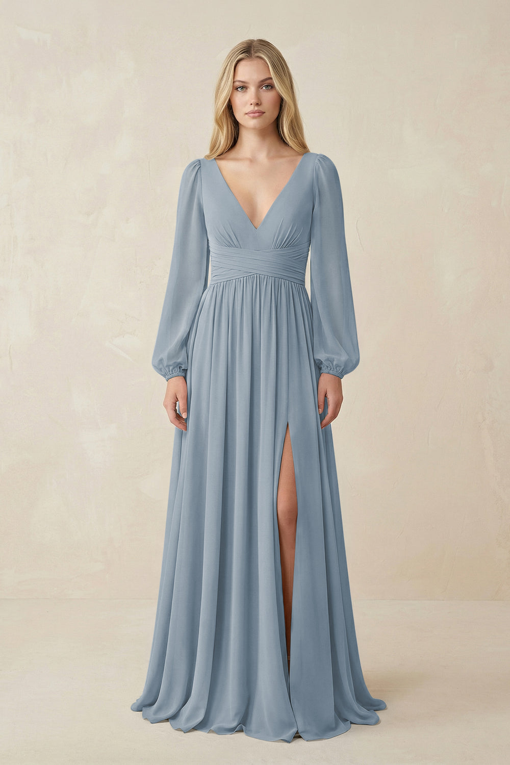 V-Neck Long Sleeve A-Line Chiffon Bridesmaid Dress in Dusty Blue