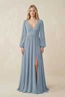 Dusty Blue V-Neck Long Sleeve A-Line Chiffon Bridesmaid Dress | KISSBRIDAL