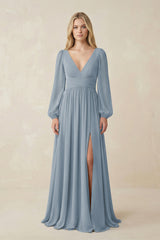 Dusty Blue V-Neck Long Sleeve A-Line Chiffon Bridesmaid Dress | KISSBRIDAL