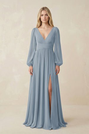 Dusty Blue V-Neck Long Sleeve A-Line Chiffon Bridesmaid Dress | KISSBRIDAL