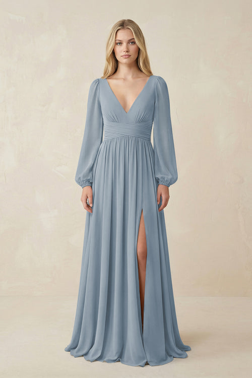 Dusty Blue V-Neck Long Sleeve A-Line Chiffon Bridesmaid Dress | KISSBRIDAL