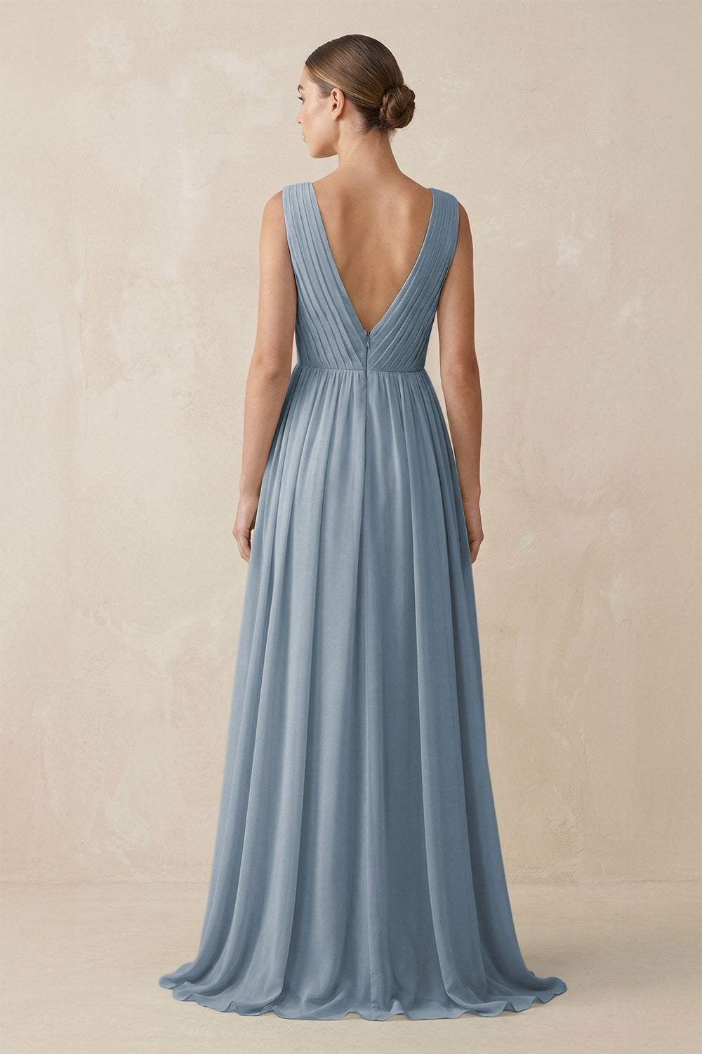 V-Neck Pleated A-Line Chiffon Bridesmaid Dress in Dusty Blue