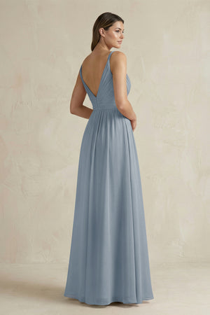 Dusty Blue V-Neck Pleated A-Line Chiffon Bridesmaid Dress (2) | KISSBRIDAL