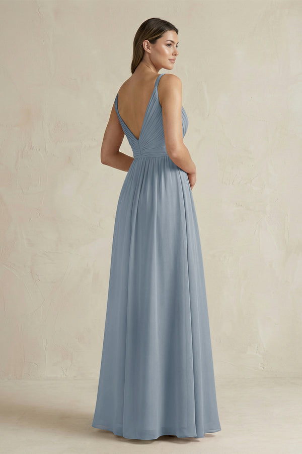 Dusty Blue V-Neck Pleated A-Line Chiffon Bridesmaid Dress (2) | KISSBRIDAL
