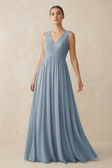 Dusty Blue V-Neck Pleated A-Line Chiffon Bridesmaid Dress | KISSBRIDAL