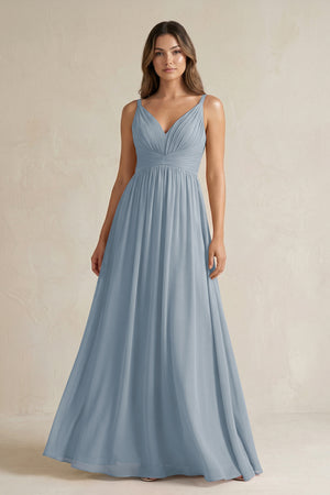 Dusty Blue V-Neck Pleated A-Line Chiffon Bridesmaid Dress | KISSBRIDAL