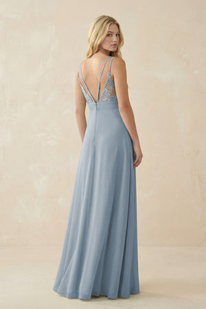 Dusty Blue V-Neck Ruched Chiffon Bridesmaid Dress with Slit (2) | KISSBRIDAL