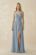 Dusty Blue V-Neck Ruched Chiffon Bridesmaid Dress with Slit | KISSBRIDAL