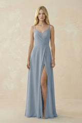 Dusty Blue V-Neck Ruched Chiffon Bridesmaid Dress with Slit | KISSBRIDAL