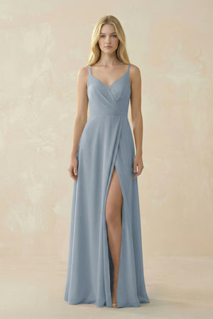 Dusty Blue V-Neck Ruched Chiffon Bridesmaid Dress with Slit | KISSBRIDAL