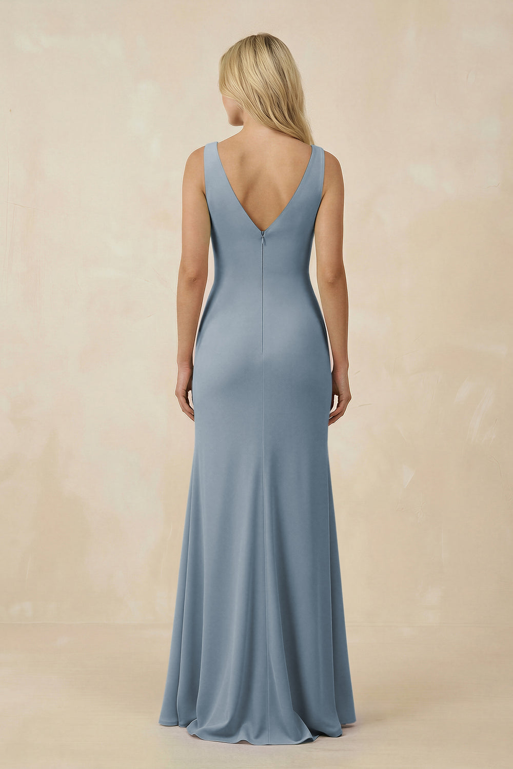V-Neck Ruched Sheath Bridesmaid Dress with Slit in Dusty Blue