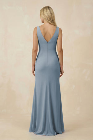 Dusty Blue V-Neck Ruched Sheath Bridesmaid Dress with Slit (2) | KISSBRIDAL