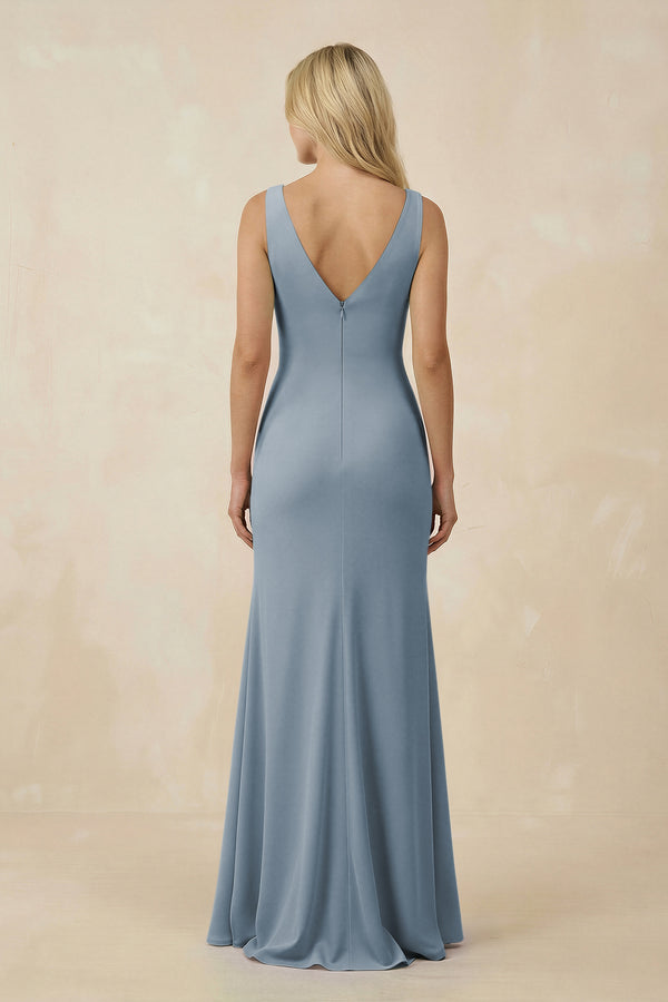 Dusty Blue V-Neck Ruched Sheath Bridesmaid Dress with Slit (2) | KISSBRIDAL