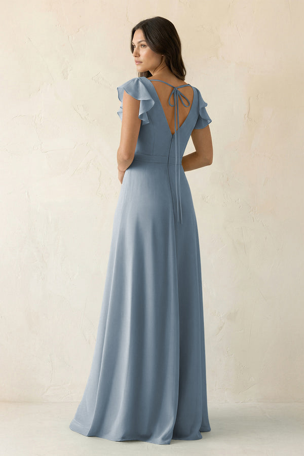Dusty Blue V-Neck Ruffled A-Line Chiffon Bridesmaid Dress (2) | KISSBRIDAL