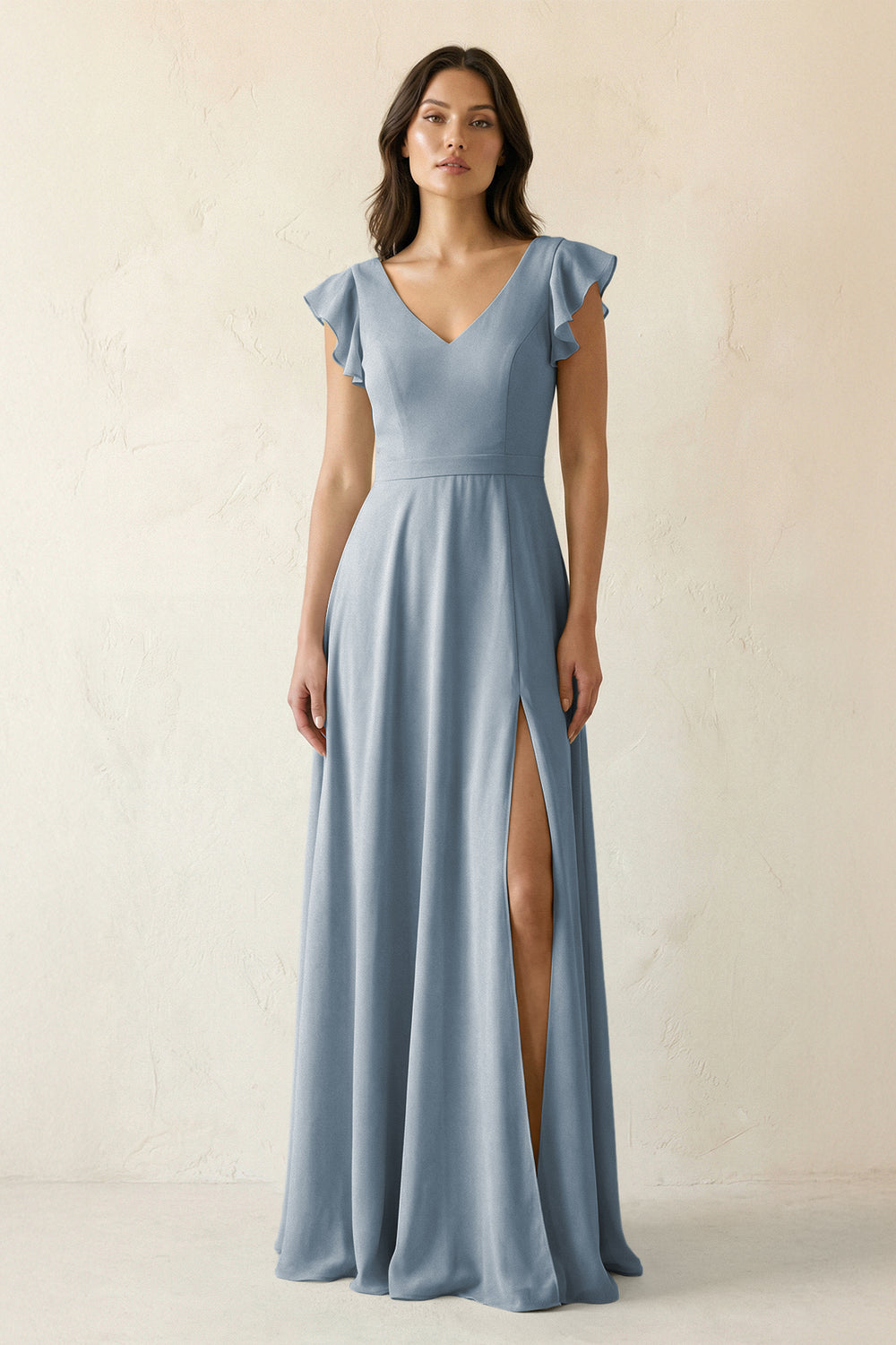V-Neck Ruffled A-Line Chiffon Bridesmaid Dress in Dusty Blue
