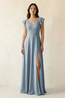 Dusty Blue V-Neck Ruffled A-Line Chiffon Bridesmaid Dress | KISSBRIDAL