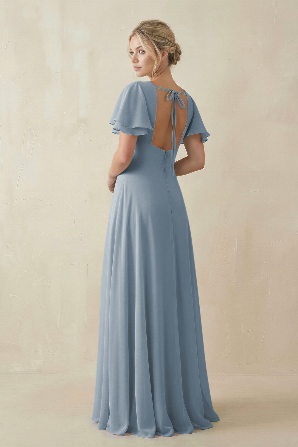 V-Neck Ruffled Short Sleeves A-Line Bridesmaid Dress in Dusty Blue
